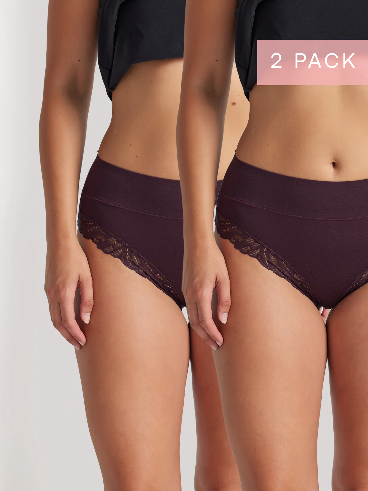 2 Pack Comfort Band Lace Trim Mid Rise